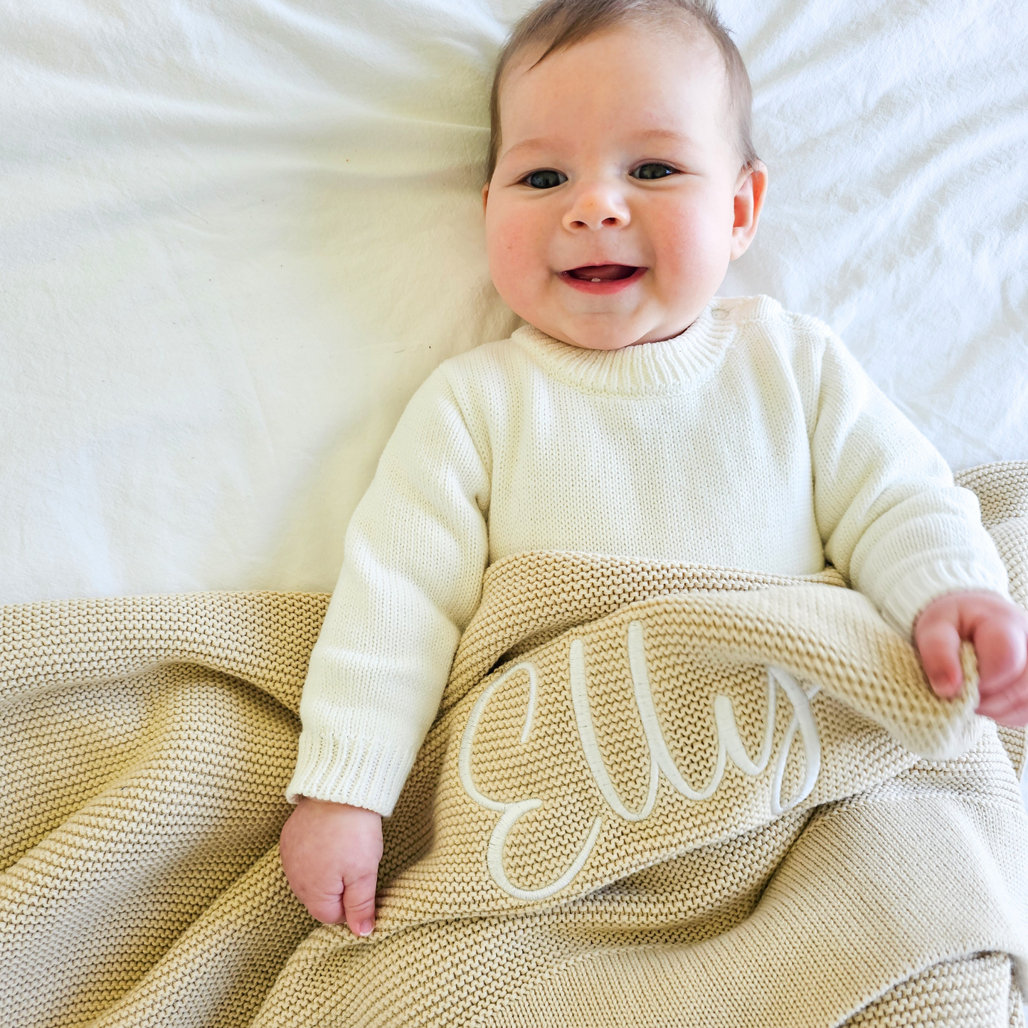 Personalised Beige Knitted Baby Blanket