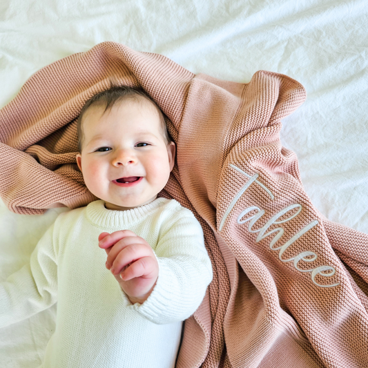 Personalised Dusty Pink Knitted Baby Blanket