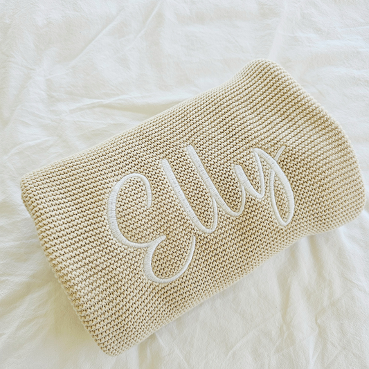 Personalised Beige Knitted Baby Blanket