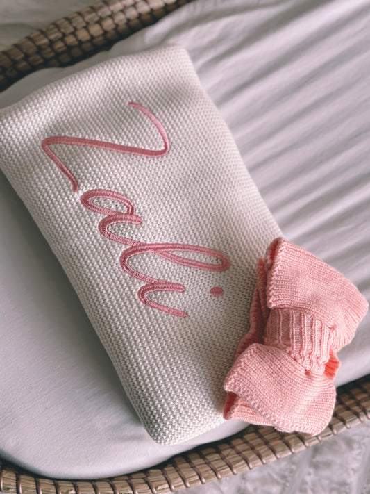 Personalised White Knitted Baby Blanket