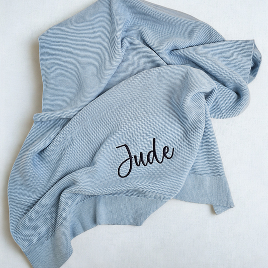 Personalised Blue Knitted Baby Blanket