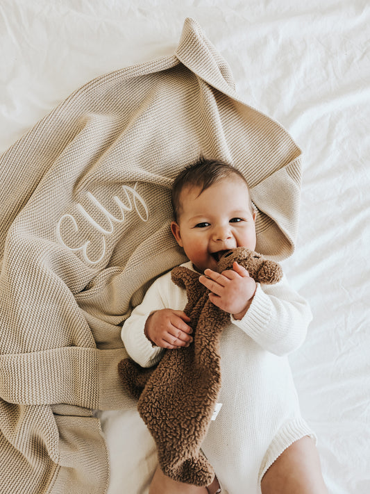 Personalised Beige Knitted Baby Blanket